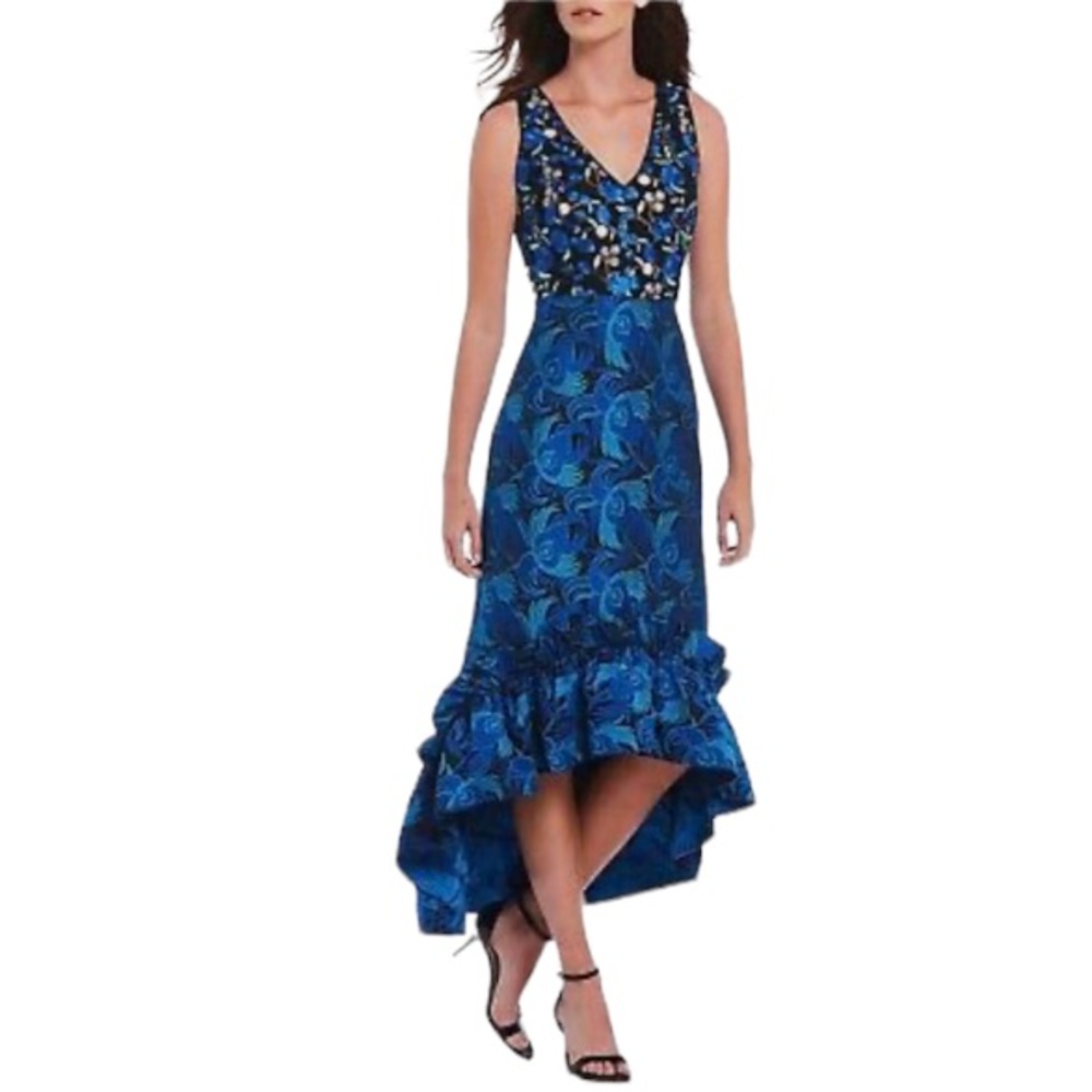 Badgley Mischka Blue Floral High-Low Ruffle Evening Dress
